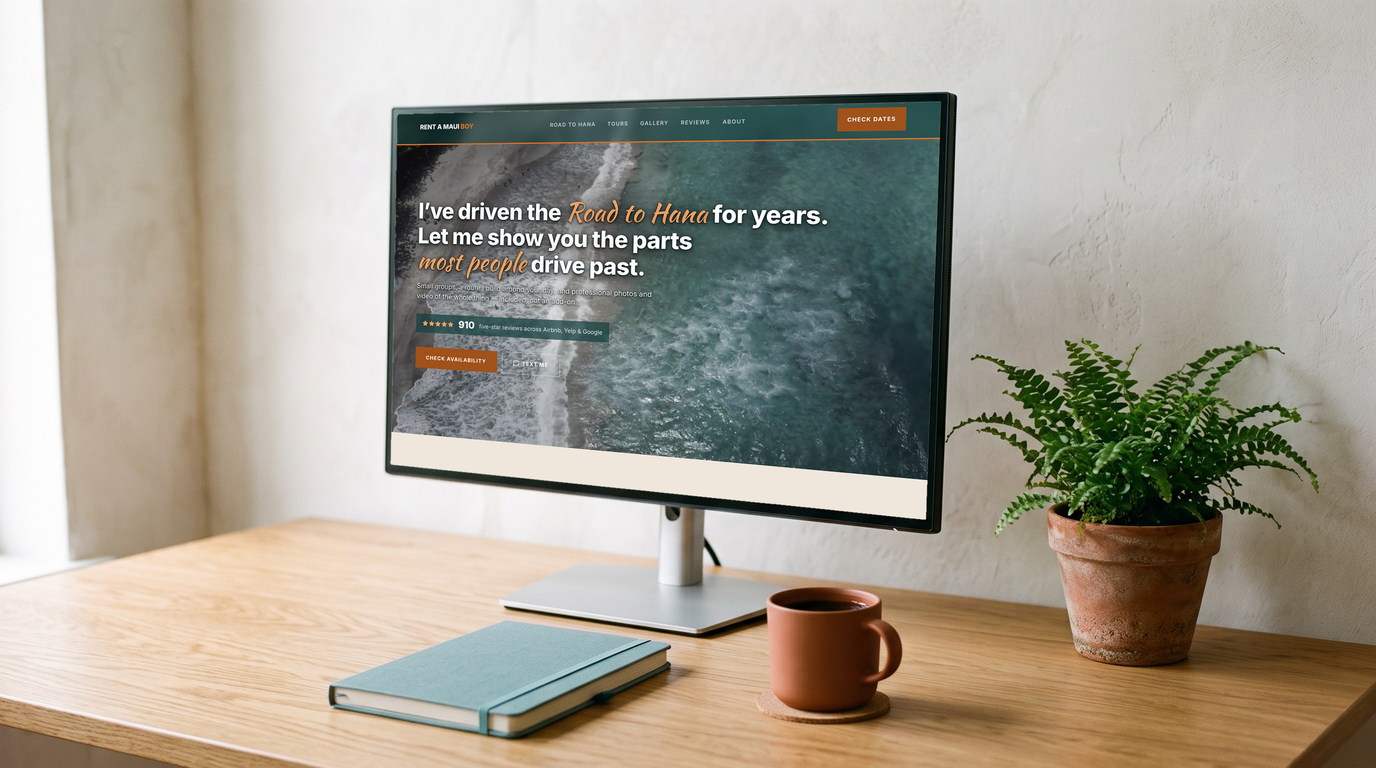 Rent A Maui Boy homepage on a desktop monitor